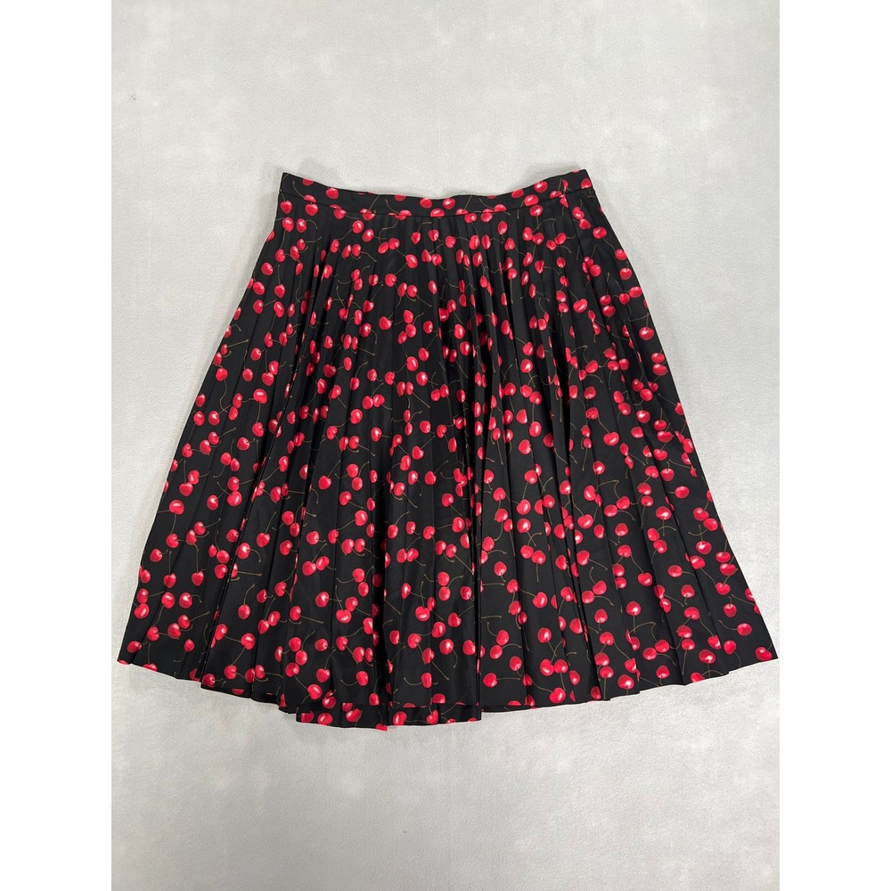 J.Crew Black Red Cherry Print Pleated Midi Skirt Sz 12 Pinup Retro Coquette